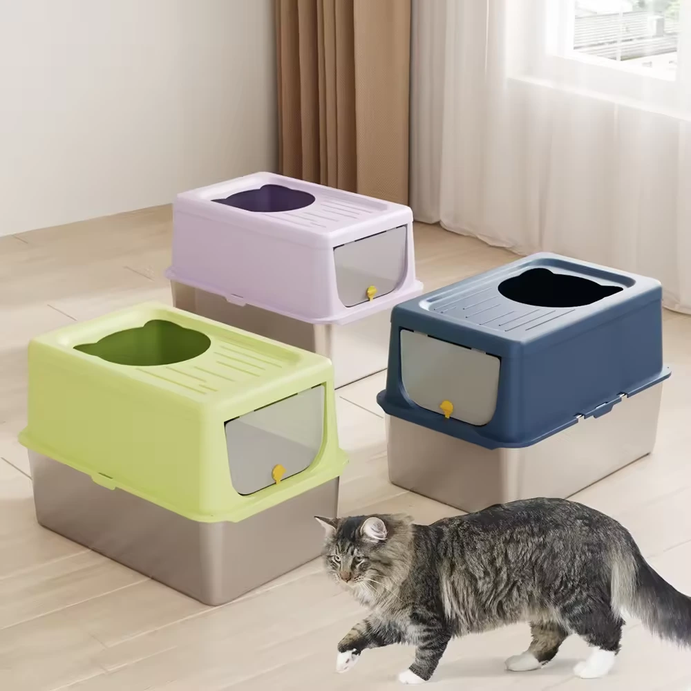 Extra Large Stainless Steel Enclosed Cat Litter Box with Top Lid High Side Litter Box with Cat Scoop Easy Clean Anti-Leakage 1