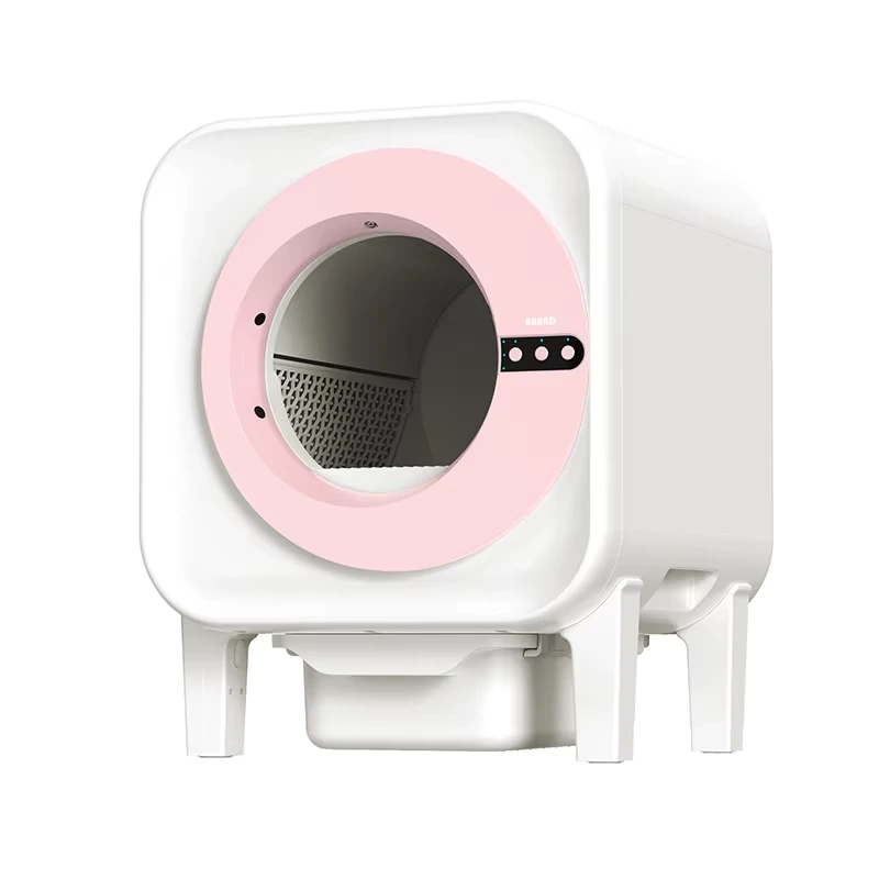Suministros de baño para gatos Empujón artificial Caja de arena autolimpiante Eliminación de olores Robot automático de recogida de arena para gatos con control de aplicación-rosa+blanco- 1