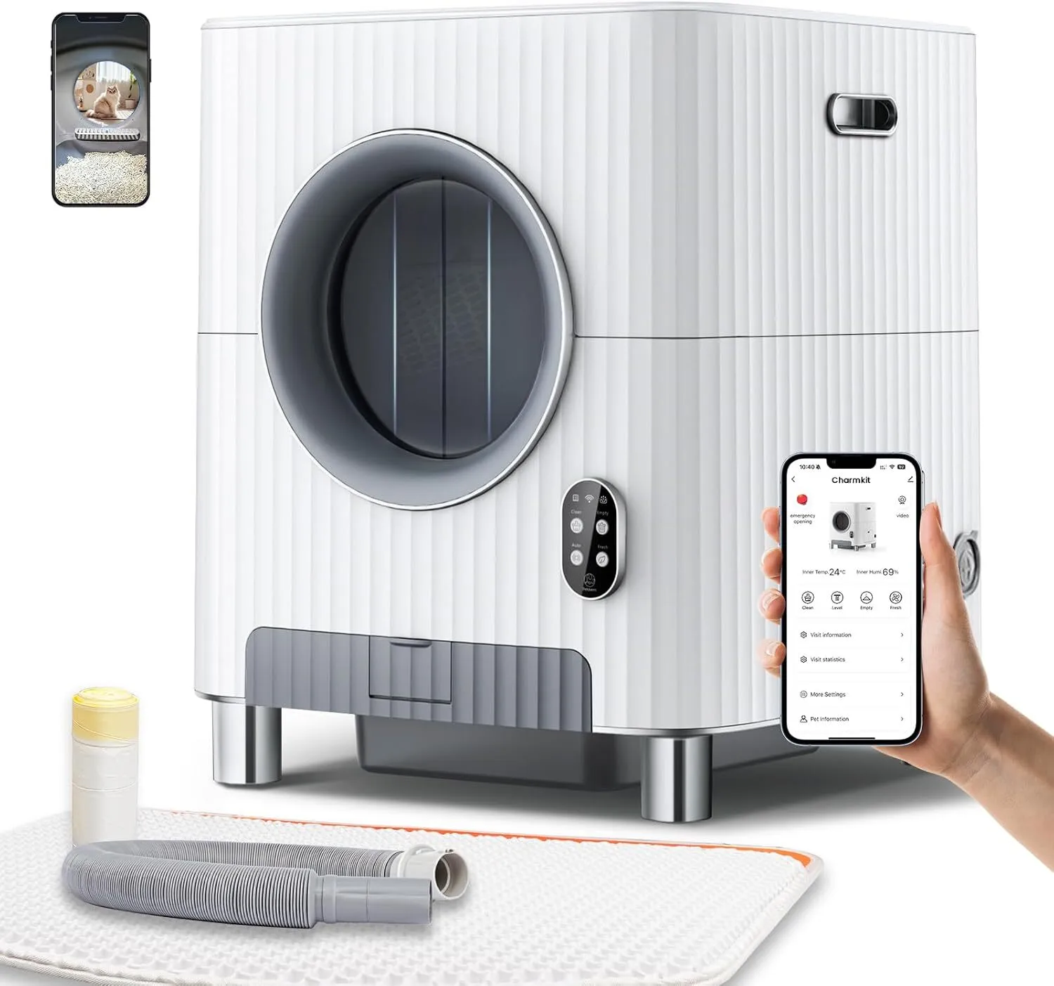 wholesale Producto para mascotas blanco Centro de arena Puerta de entrada eléctrica Eliminación de olores Caja de arena para gatos con autolimpieza automática para varios gatos con video 1