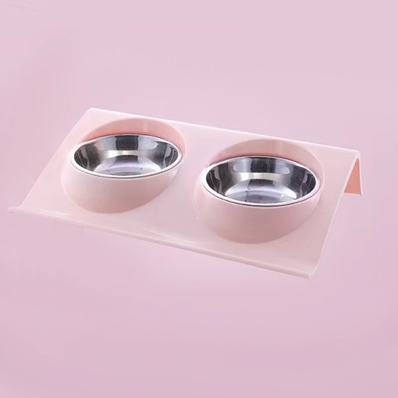 wholesale Cuencos dobles para comida para perros Cuenco de agua para comida para perros de acero inoxidable con soporte de plástico antiderrames para gato-rosa 1