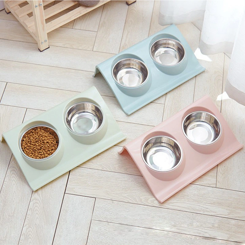 wholesale Cuencos dobles para comida para perros Cuenco de agua para comida para perros de acero inoxidable con soporte de plástico antiderrames para gatos 1