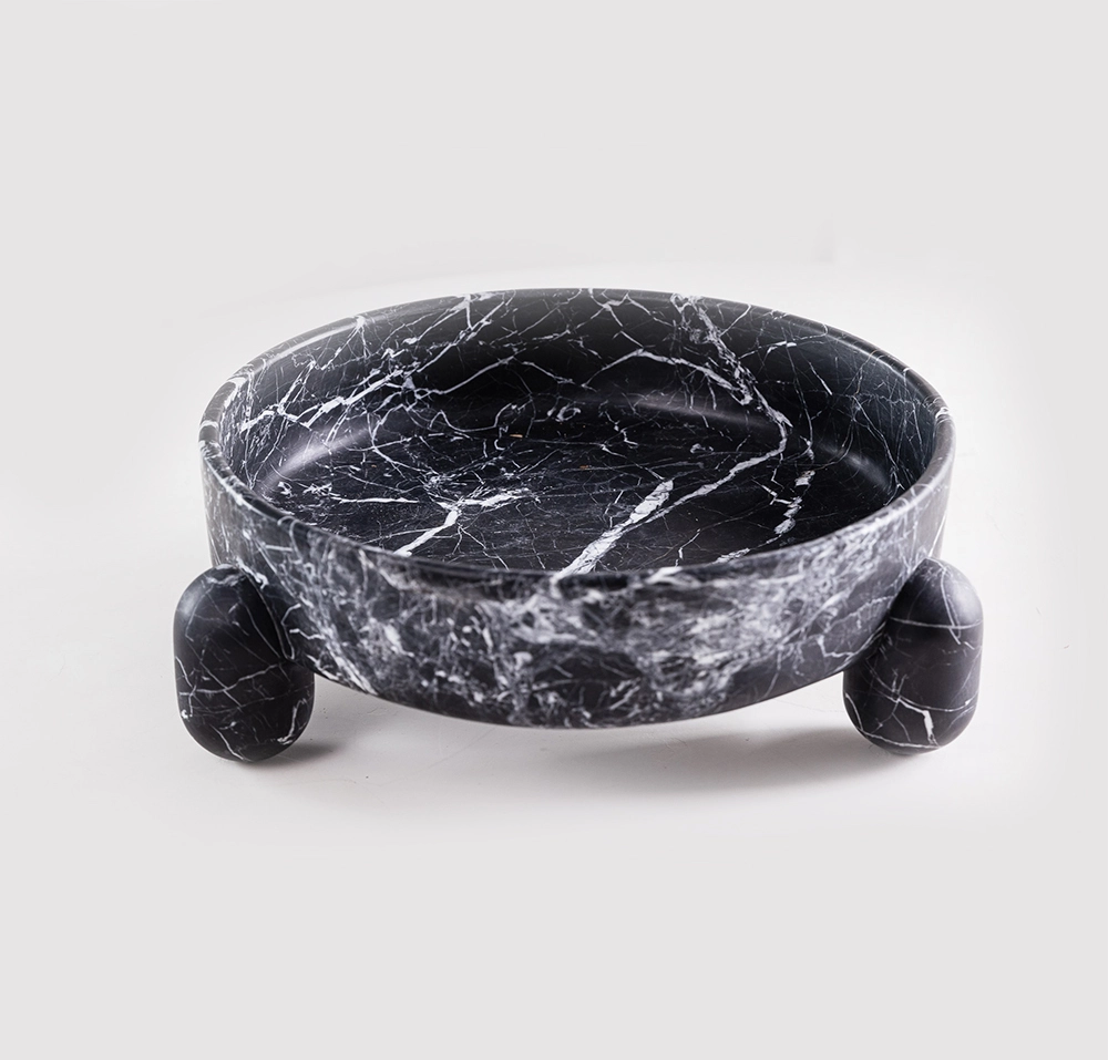 factory priceNew Design Travertine Marble Round Pet bowl With Leg Luxury Natural Marble Stone Dog Bowl for Home Decoration-black 1