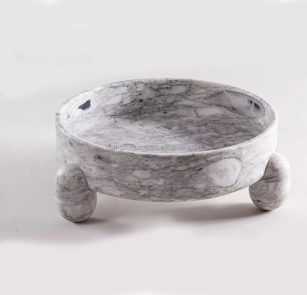 Precio de fábrica, nuevo diseño, cuenco redondo para mascotas de mármol travertino con pata, cuenco para perros de piedra de mármol Natural de lujo para decoración del hogar, gris 1