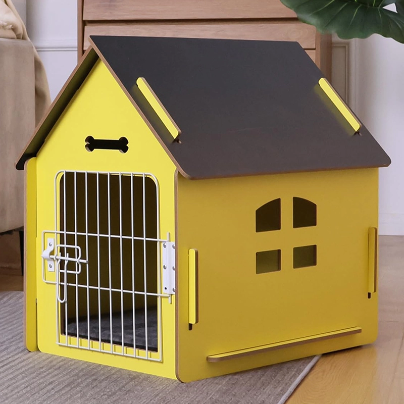 Groothandel Weerbestendig massief houten hondenhok met deur voor kleine & Middelgrote honden binnen & Buitengebruik Eenvoudige montage & Ventilatieopeningen-geel 1