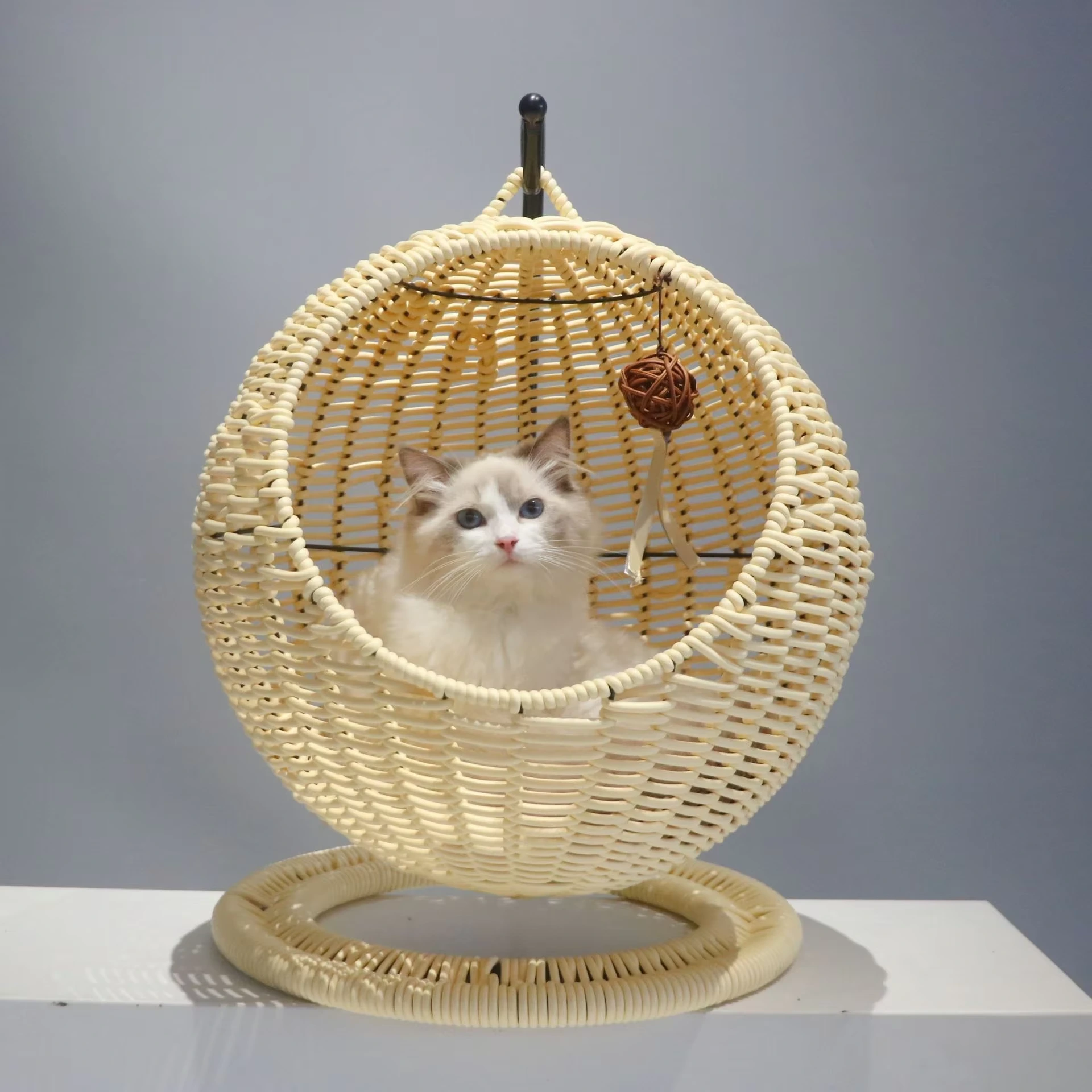 Friendly Warm Comfortable Pet accessories House Modern Cat Furniture Raised Hanging Rattan Cat Pet Beds-wood color 1