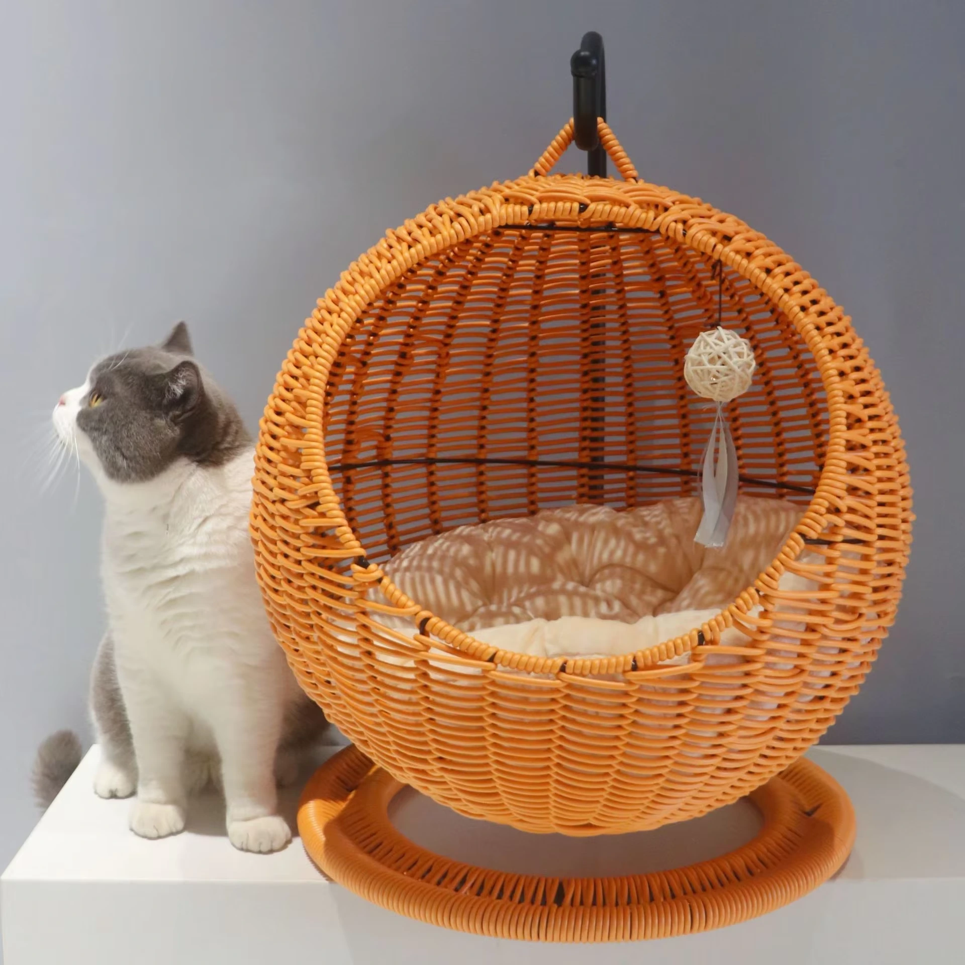 Friendly Warm Comfortable Pet accessories House Modern Cat Furniture Raised Hanging Rattan Cat Pet Beds-orange 1
