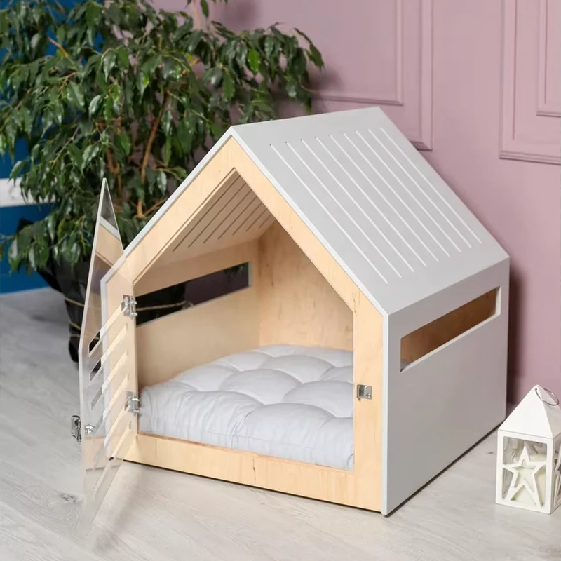groothandel op maat massief houten luxe kattenhuis huisdierkooien huizen met acryl deurmeubilair groot houten huisdierhuis bed-wit 1