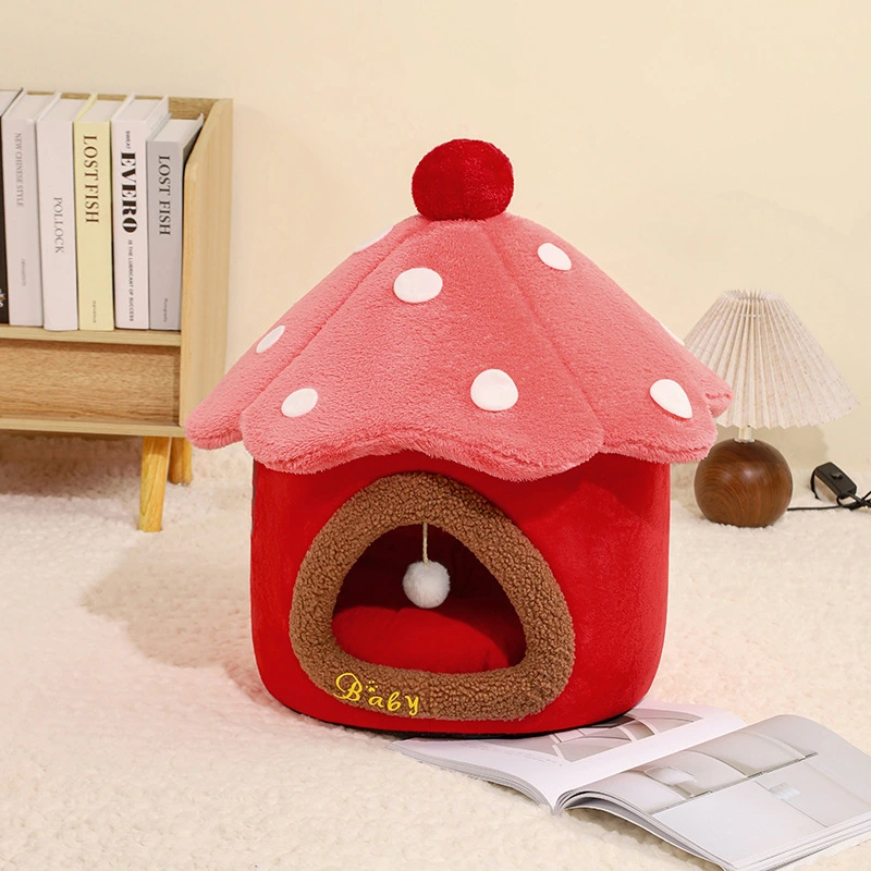 groothandel Nieuw paddestoelhuis schattige prinses huisdier kattennest leuke herfst en winter warm vilt hondennest indoor huisdierhuizen-rood + roze 1