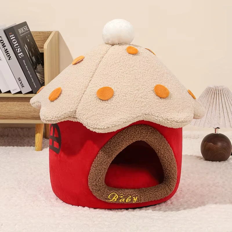 groothandel Nieuw paddestoelhuis schattige prinses huisdier kattennest leuke herfst en winter warm vilt hondennest indoor huisdierhuizen-rood 1