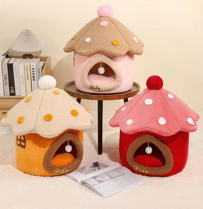 groothandel Nieuw paddestoelhuis schattige prinses huisdier kattennest leuke herfst en winter warm vilt hondennest indoor huisdierhuizen 1