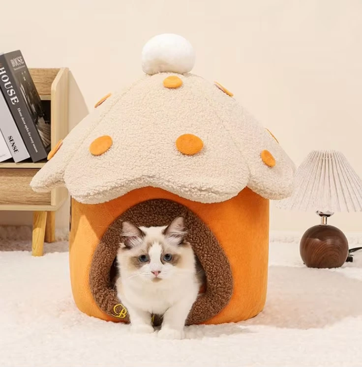 wholesale New mushroom house cute princess pet cat nest fun autumn and winter warm felt pet dog nest indoor pet houses-orange 1