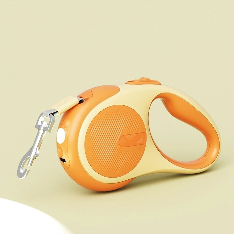 Groothandel Automatische intrekbare 5m hondenriem Oplaadbare LED met nachtveiligheidslampje Stevig nylon lederen touw voor gebruik overdag en nacht-oranje 1