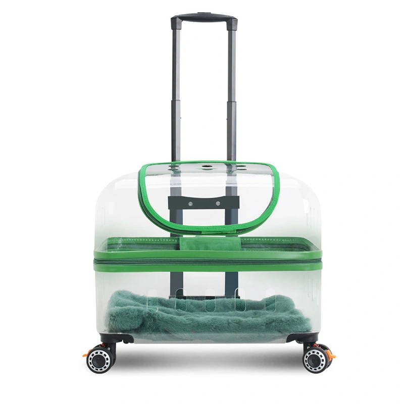 factory price Pet Trolley Box Outdoor Portable Large Capacity Pet Carrier Bag With Universal Wheels Breathable Transparent Pet Bag-light green 1