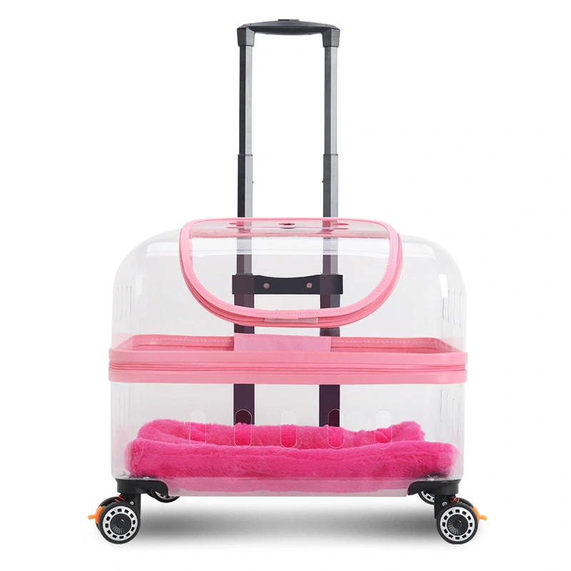 factory price Pet Trolley Box Outdoor Portable Large Capacity Pet Carrier Bag With Universal Wheels Breathable Transparent Pet Bag-pink 1