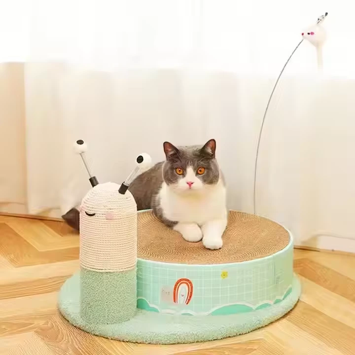 wholesale Corrugated material snail shaped cat scratching board with a cat teasing stick-green 1