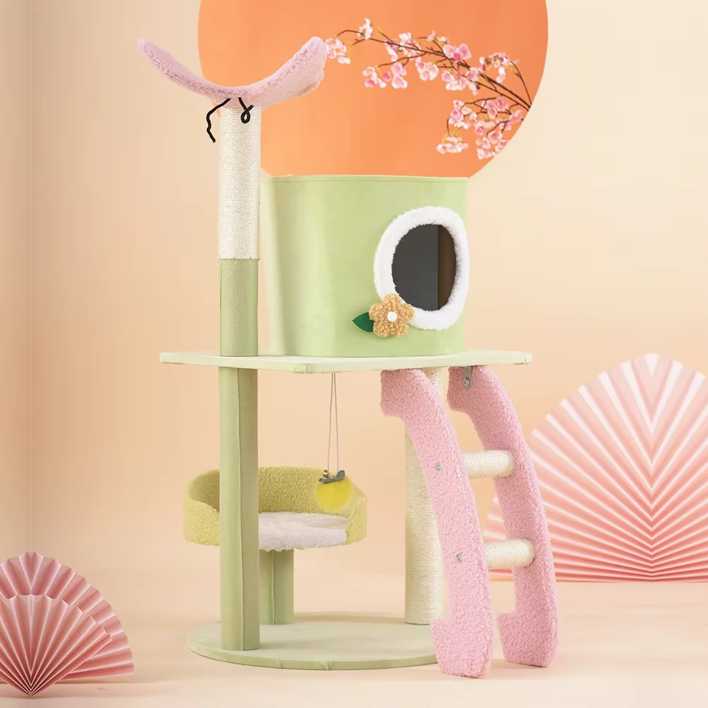 wholesale Cat Tree Furniture Cat Climbing Frame Pet House Basket Interactive Toys Pet Toy Cat Tree-pink&green 1