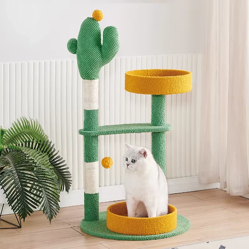 wholesale Cactus forest cat tree with style white sisal rope scratching post column with house and space capsule cat tower for large cats-2 1