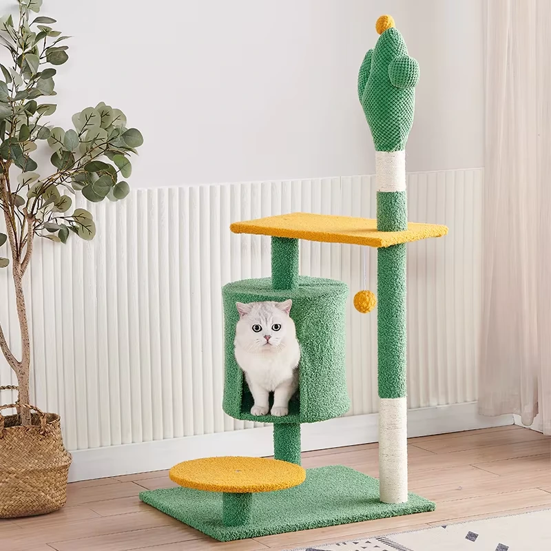 wholesale Cactus forest cat tree with style white sisal rope scratching post column with house and space capsule cat tower for large cats-4 1