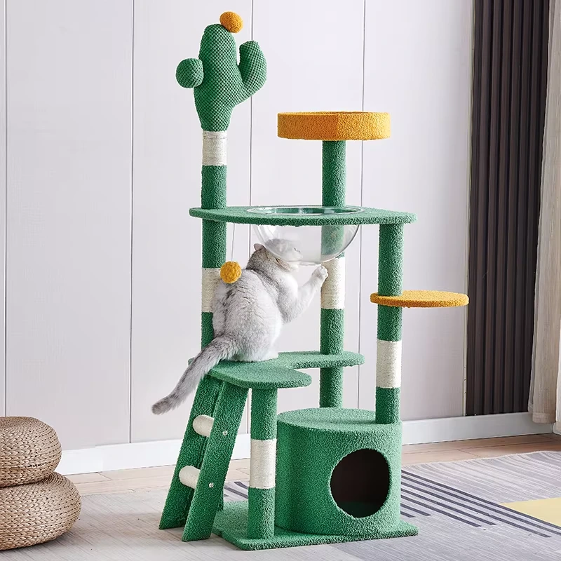 wholesale Cactus forest cat tree with style white sisal rope scratching post column with house and space capsule cat tower for large cats-7 1