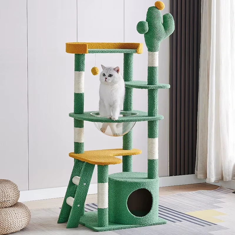 wholesale Cactus forest cat tree with style white sisal rope scratching post column with house and space capsule cat tower for large cats-8 1