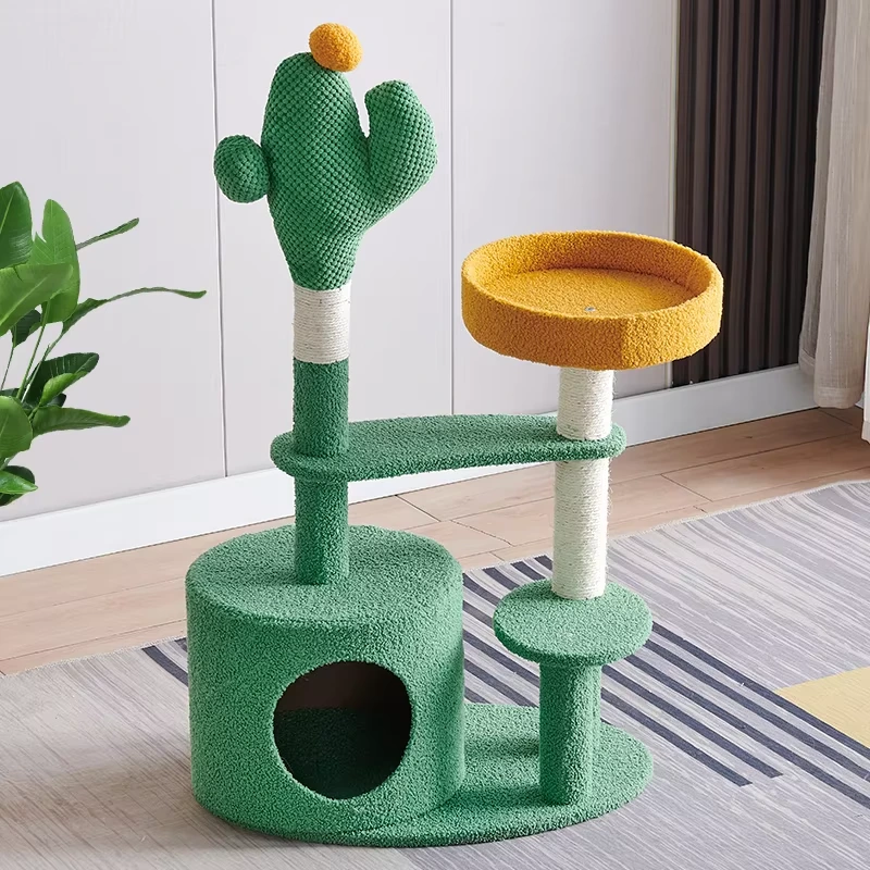 wholesale Cactus forest cat tree with style white sisal rope scratching post column with house and space capsule cat tower for large cats-5 1