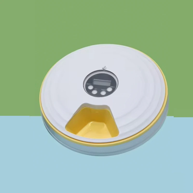 wholesale Alimentador automático para mascotas 6 rejillas Dispensador eléctrico de alimentos húmedos secos con grabadora de voz Alimentador de sincronización redonda para gatos, perros, mascotas, amarillo 1