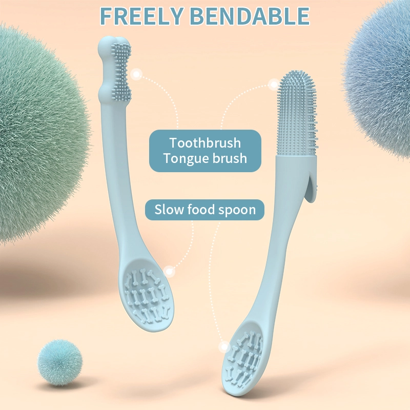 wholesale Pet Toothbrush with Slow Food Spoon Soft Silicone Pet Dog Finger Toothbrush Pet Toothbrush with spoon 1