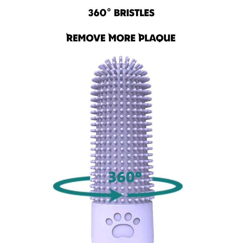 Cepillo de dientes de silicona suave para perros, cepillo de dientes para limpieza de dientes, mascota, perro, gato, venta al por mayor de fábrica, barato, 360 grados, color morado 1