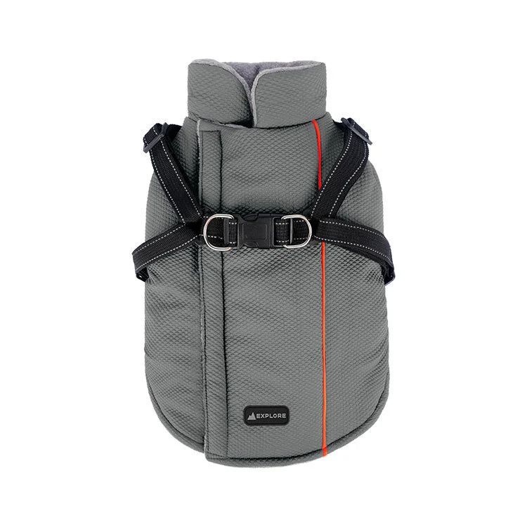 Wholesale Outdoor Dog Jackets With Traction Buckle Fleece Lining Autumn Winter Pet Vest Clothes grey 1