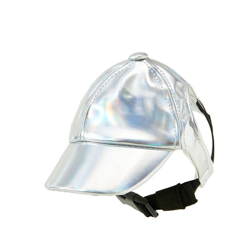 wholesale Adjustable Round Brim Pet Dogs Hats With Ear Holes For Pet Grooming Hat Outdoor Porous Sun Bonnet Visor PU Baseball Hats for Dog Silver 1