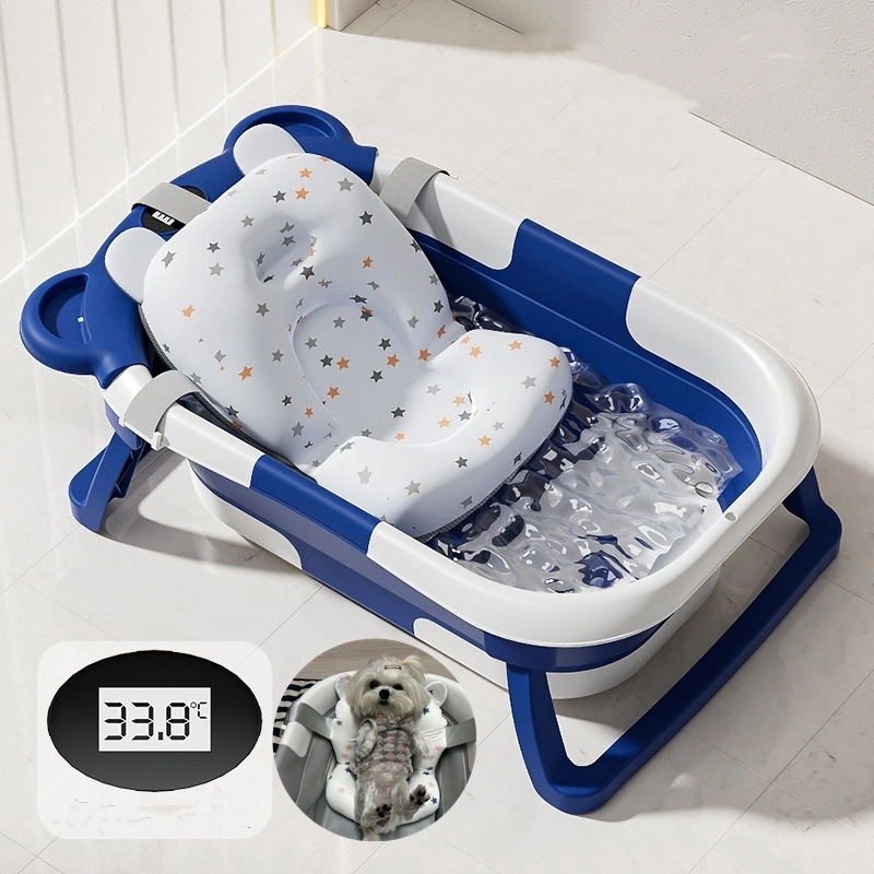 wholesale dark blue Collapsible Pet Bathtub with Real-time Temp Monitor and Floating Cushion Foldable Cat Bath Tub Set Portable Travel Dog Tub 1