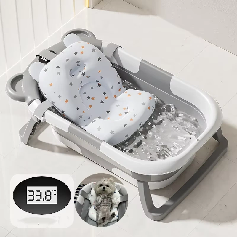 wholesale grey Collapsible Pet Bathtub with Real-time Temp Monitor and Floating Cushion Foldable Cat Bath Tub Set Portable Travel Dog Tub 1