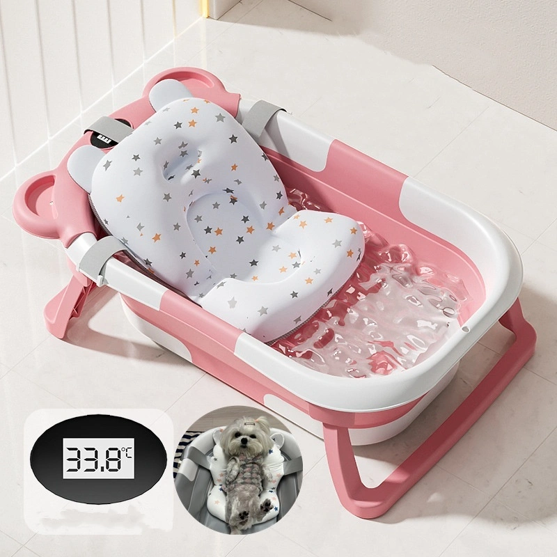 wholesale pink Collapsible Pet Bathtub with Real-time Temp Monitor and Floating Cushion Foldable Cat Bath Tub Set Portable Travel Dog Tub 1