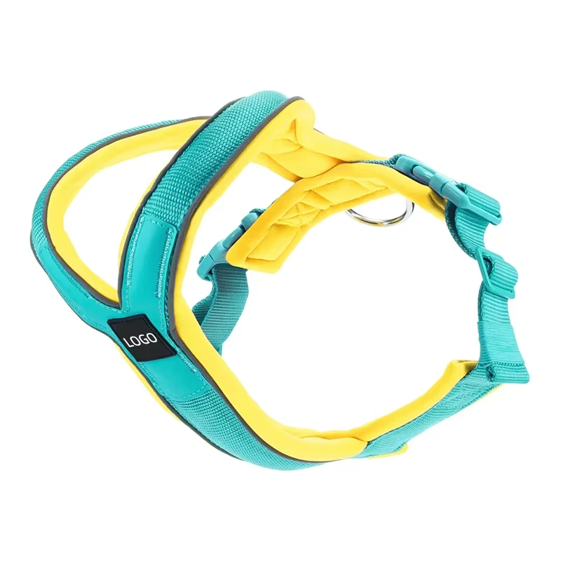 wholesale Adjustable Heavy Duty Tactical Metal Buckle Soft Nylon Neoprene Padded Custom Anti Pull Dog TRI Harness green+yellow 1