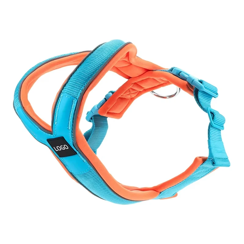 wholesale Adjustable Heavy Duty Tactical Metal Buckle Soft Nylon Neoprene Padded Custom Anti Pull Dog TRI Harness orange+blue 1