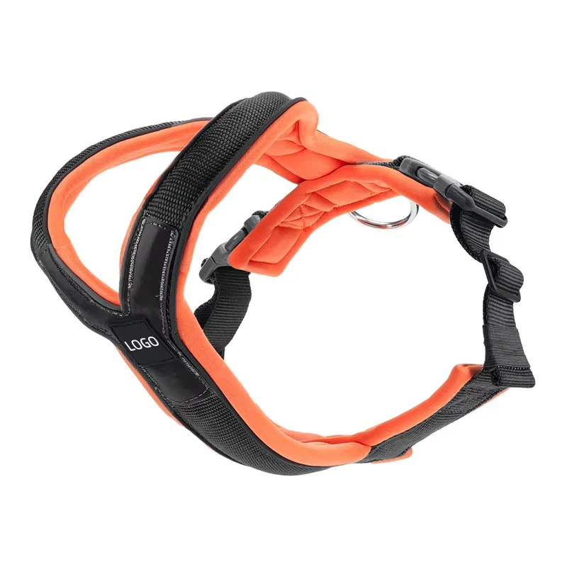 wholesale Adjustable Heavy Duty Tactical Metal Buckle Soft Nylon Neoprene Padded Custom Anti Pull Dog TRI Harness black+orange 1