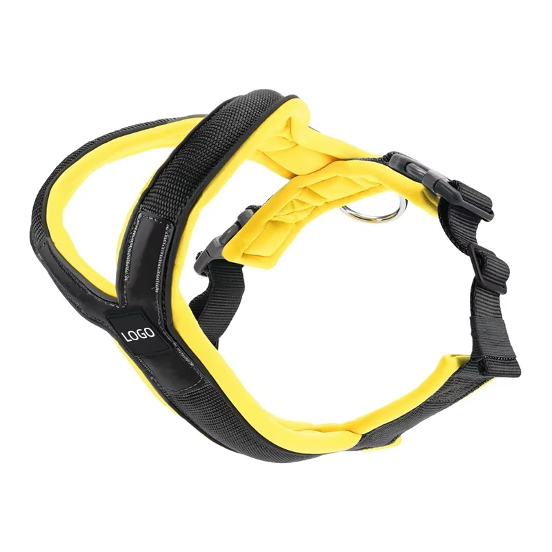 wholesale Adjustable Heavy Duty Tactical Metal Buckle Soft Nylon Neoprene Padded Custom Anti Pull Dog TRI Harness black+yellow 1