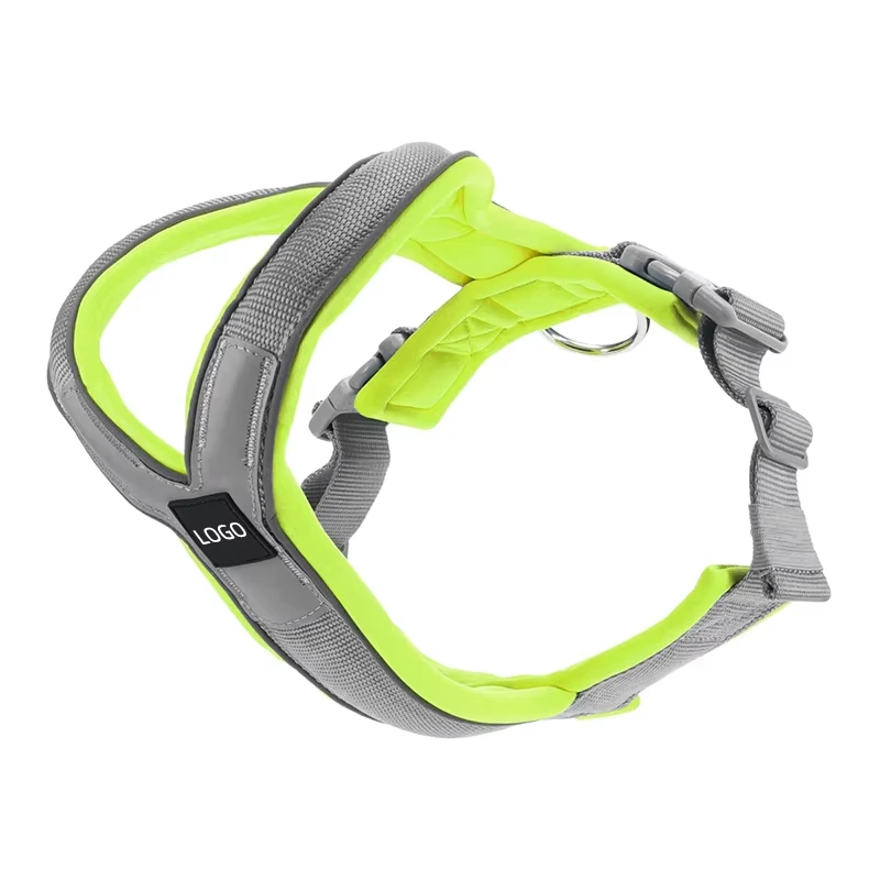 wholesale Adjustable Heavy Duty Tactical Metal Buckle Soft Nylon Neoprene Padded Custom Anti Pull Dog TRI Harness grey+green 1