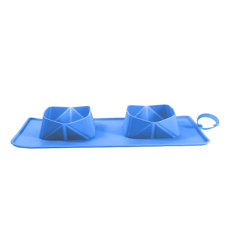 Hot sales siliconen opvouwbare voerbak antislip dubbele hondenbak buiten siliconen kattenbak gemakkelijk schoon te maken blauw 1