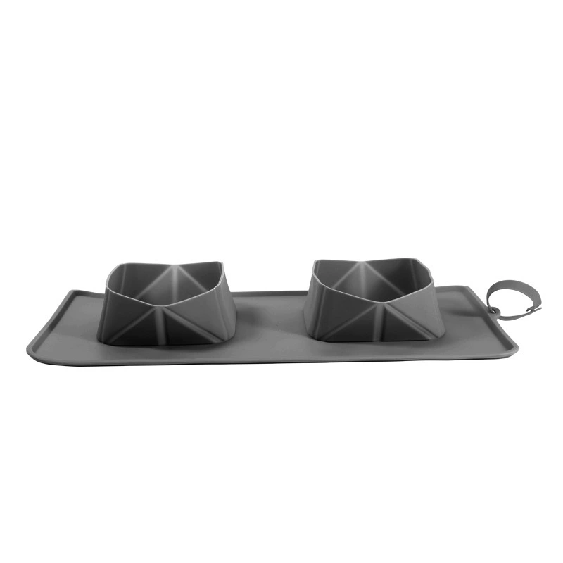 Hot sales Silicone Folding Pet Bowl Non slip Dog Double Bowl Outdoor Silicone Cat Dog Bowl Easy to Clean dark grey 1