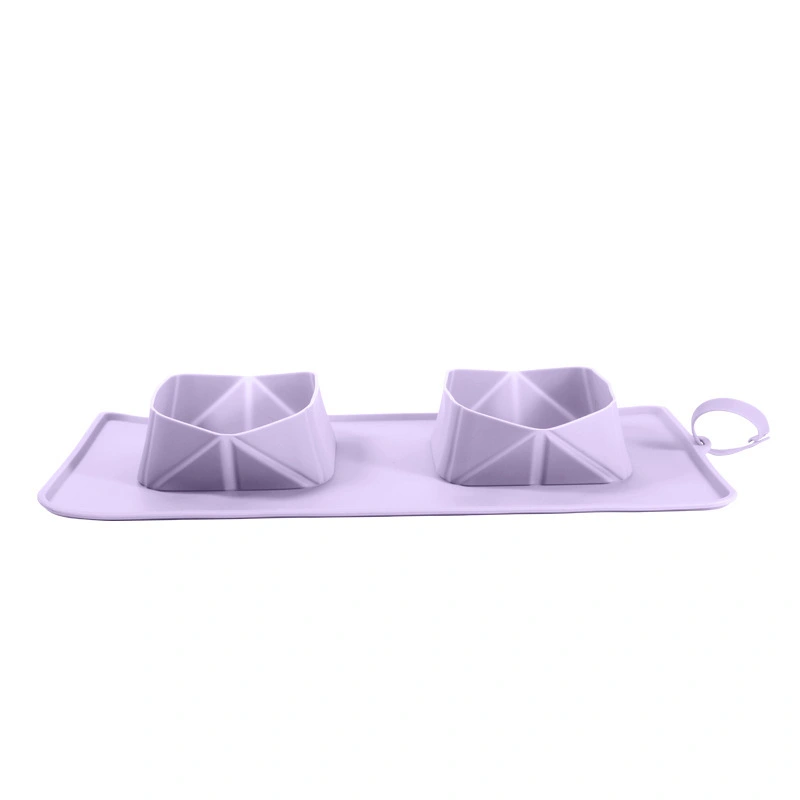 Hot sales Silicone Folding Pet Bowl Non slip Dog Double Bowl Outdoor Silicone Cat Dog Bowl Easy to Clean purple 1