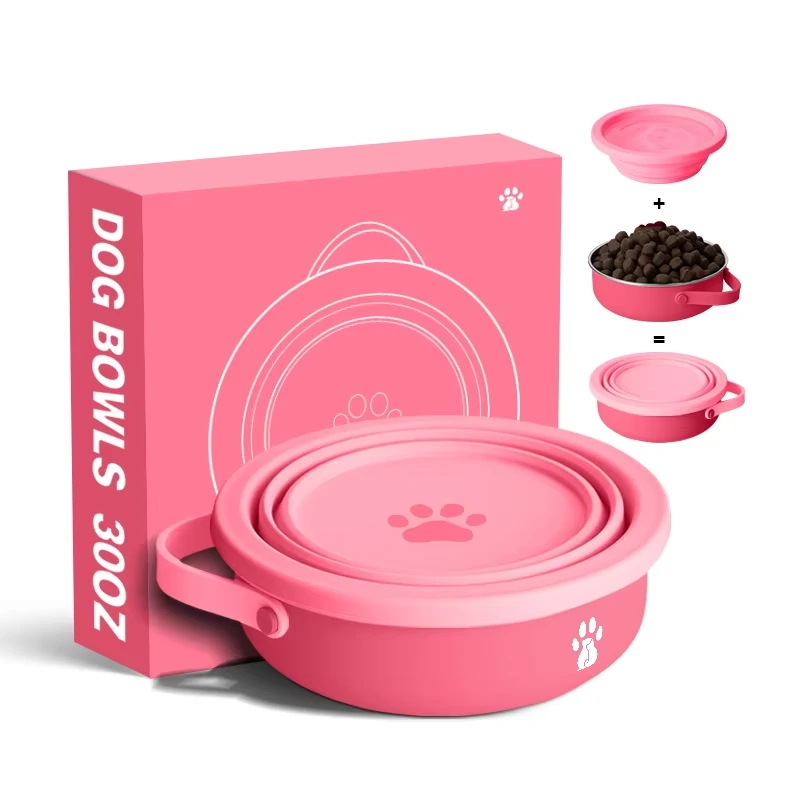 wholesale 2 in 1 30oz Pet outdoor Leakproof Stainless Steel Dog Water Bottle Dog Bowl Insulated Travel Drinking Feeder Water Bowl Food pink 1