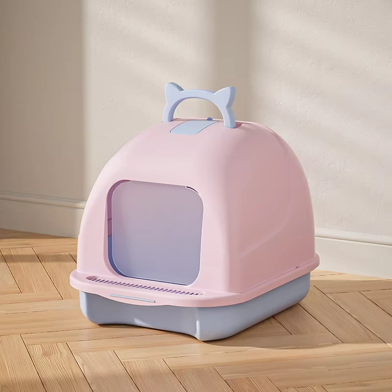groothandel Verwijderbaar en volledig gesloten huisdiertoilet PP-kunststof Zelfreinigende anti-spat kattenbak roze 1