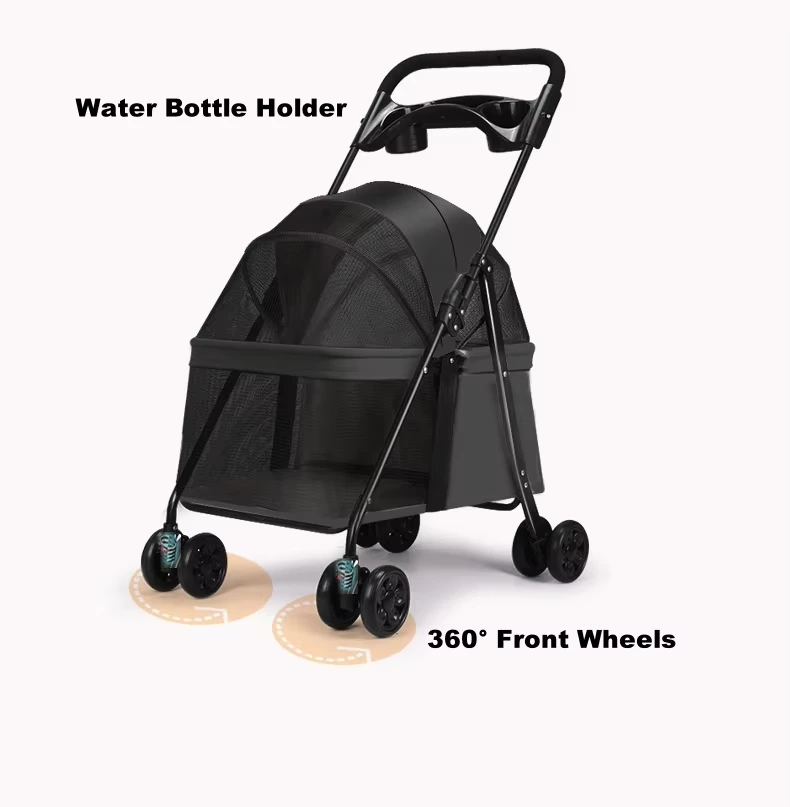 groothandel Outdoor lichtgewicht opvouwbare huisdierwagen Kat Hond Kleine hondenwandelwagen Kleine hond Kat Teddy wandelwagen zwart 1