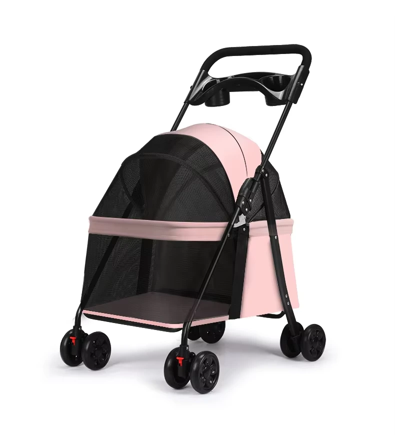 wholesale Cochecito plegable ligero para mascotas, para exteriores, para perros y gatos, cochecito para perros pequeños, cochecito de peluche para perros pequeños y gatos, color rosa 1