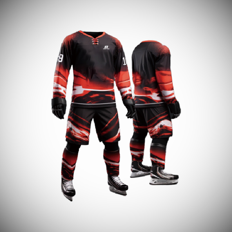 Geansaithe Haca Saincheaptha le dathanna pearsantaithe, lógónna foirne, ainmneacha agus uimhreacha. geansaithe agus pants haca oighir go hiomlán customizable 6