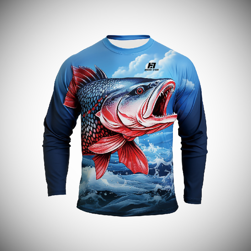 Léinte Iascaireachta Dye Sublimation saincheaptha atá deartha do do bhranda. léinte iascaireachta SPF sleeve fada le coiléar , Fan fionnuar agus cosanta gréine lenár n-ardchaighdeán 8