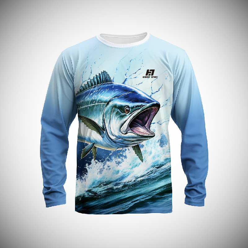 Léinte Iascaireachta Dye Sublimation saincheaptha atá deartha do do bhranda. léinte iascaireachta SPF sleeve fada le coiléar , Fan fionnuar agus cosanta gréine lenár n-ardchaighdeán 9