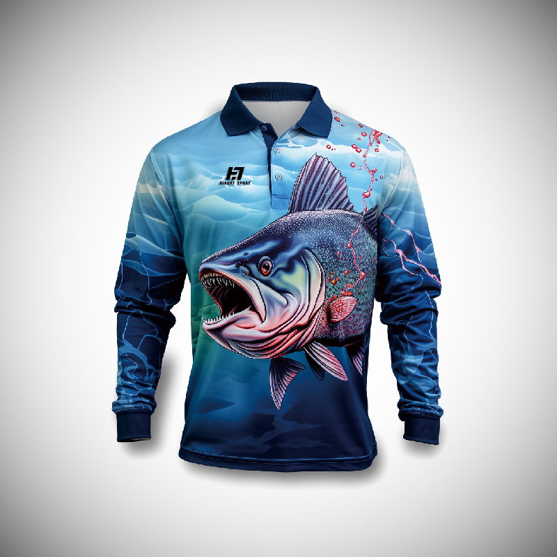 Léinte Iascaireachta Dye Sublimation saincheaptha atá deartha do do bhranda. léinte iascaireachta SPF sleeve fada le coiléar , Fan fionnuar agus cosanta gréine lenár n-ardchaighdeán 2