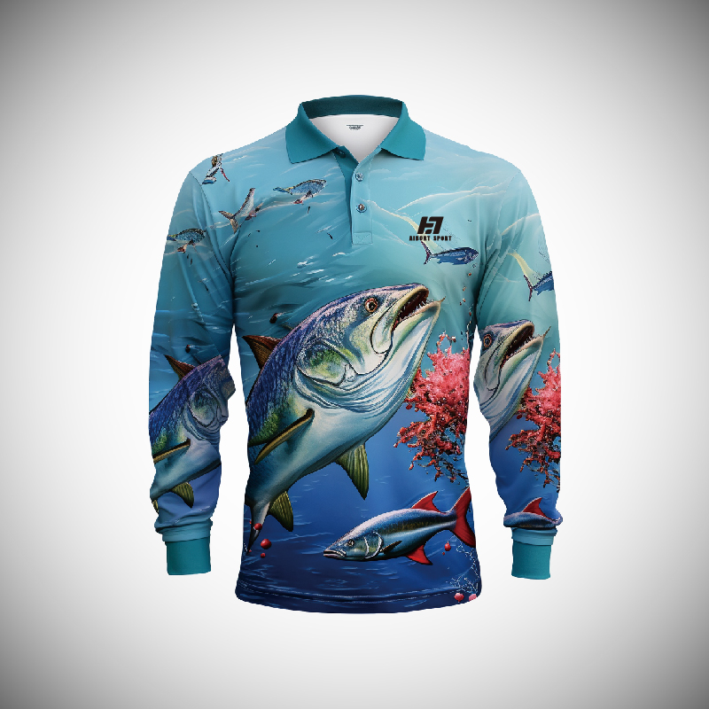 Léinte Iascaireachta Dye Sublimation saincheaptha atá deartha do do bhranda. léinte iascaireachta SPF sleeve fada le coiléar , Fan fionnuar agus cosanta gréine lenár n-ardchaighdeán 3